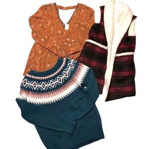 Maurices XS 3 Pc Bundle Women's Fall Winter Top Sweater Vest Flannel Fair Isle